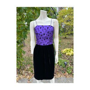 80s ROUIE Cocktail Dress Purple Flocked Velvet Polka Dot Velvet Pencil Skirt 10